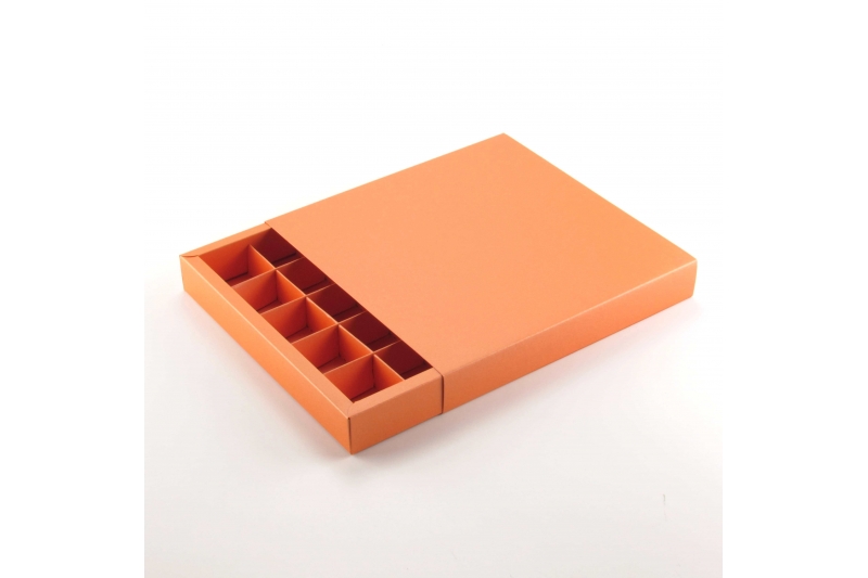 Коробка на 25 конфет с фальшбортом перламутровая дизайнерская оранжевый "Stardream Flame" без окна (20,4*20,4*3 см)